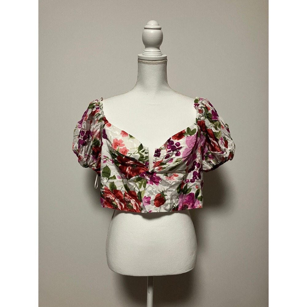 NWT Abercrombie & Fitch Womens Drama Puff Sleeve Crop Top XL White Fruit Print